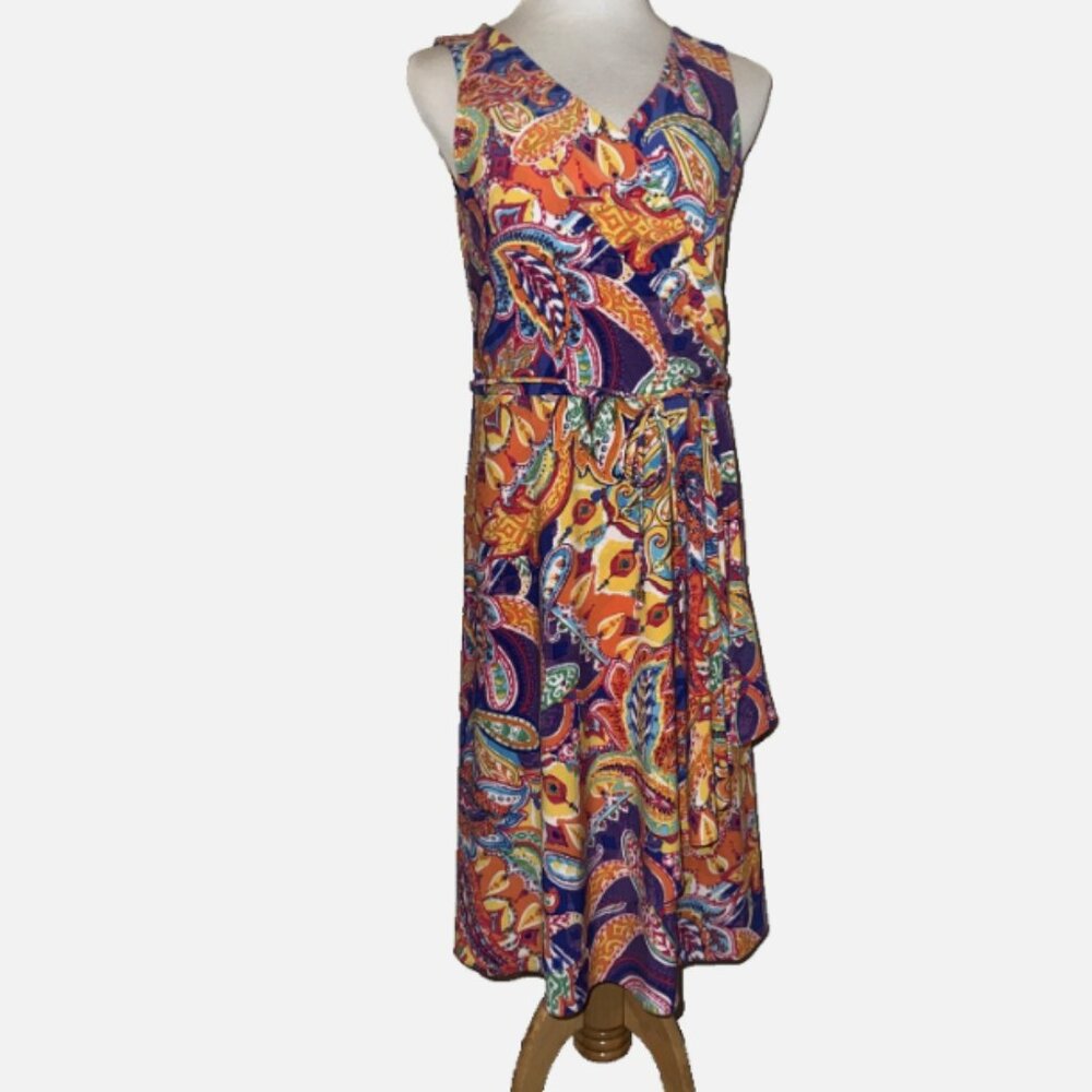 Lauren Ralph Lauren Stretch Dress M Floral Paisley Sleeveless Faux Wrap Colorful